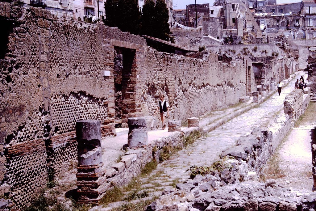 Ins.II.1, on left, Herculaneum. 1964. Looking north along Cardo III. Photo by Stanley A. Jashemski.
Source: The Wilhelmina and Stanley A. Jashemski archive in the University of Maryland Library, Special Collections (See collection page) and made available under the Creative Commons Attribution-Non Commercial License v.4. See Licence and use details.
J64f1144
